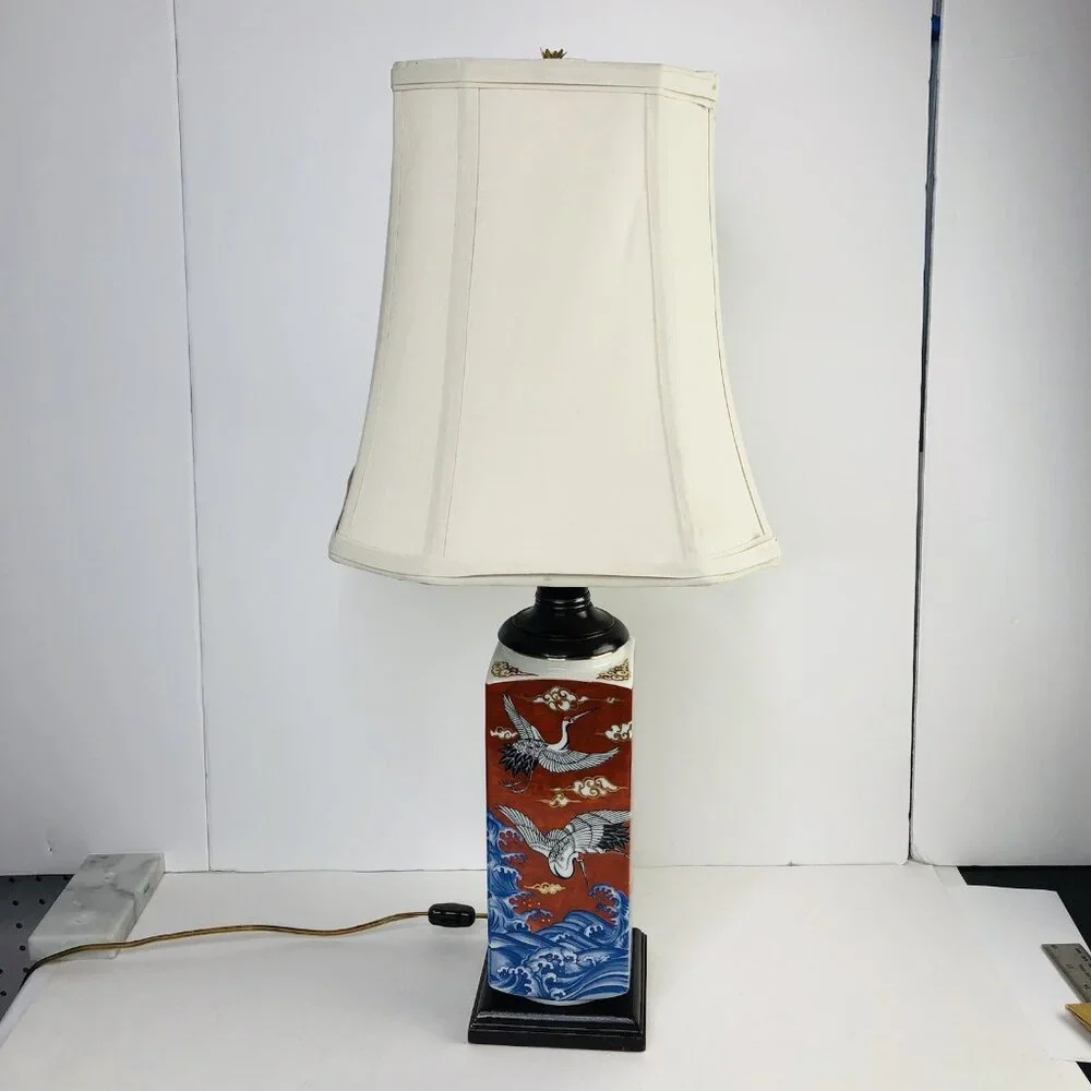 Chinese Square Orange Red Porcelain Lamp Shade Birds Sea Cloud Gold Hand painted